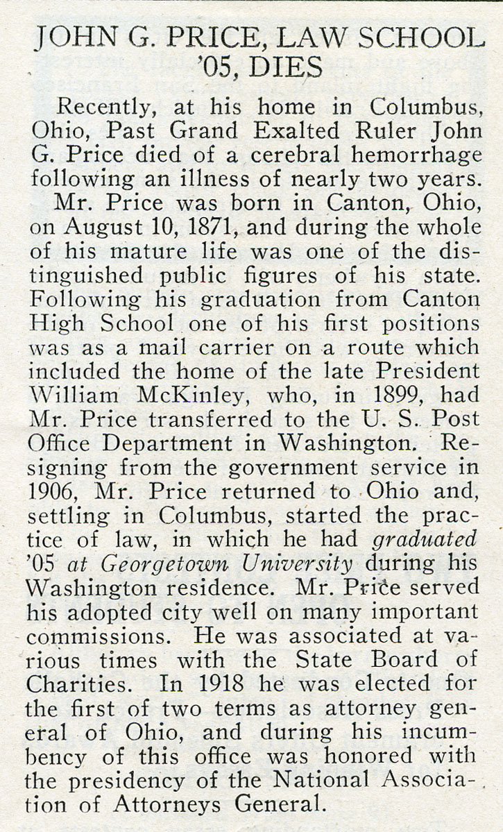 Obituary of Attorney General John G. Price  