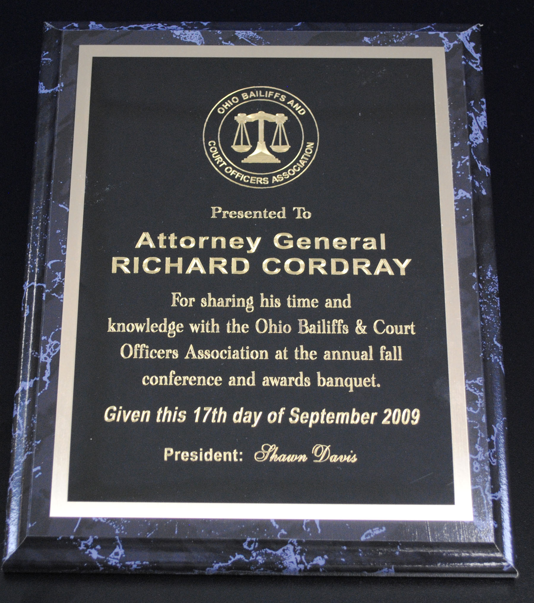 Attorney General Richard Cordray's Plaque of Appreciation from the Ohio Bailiffs & Court Officers As