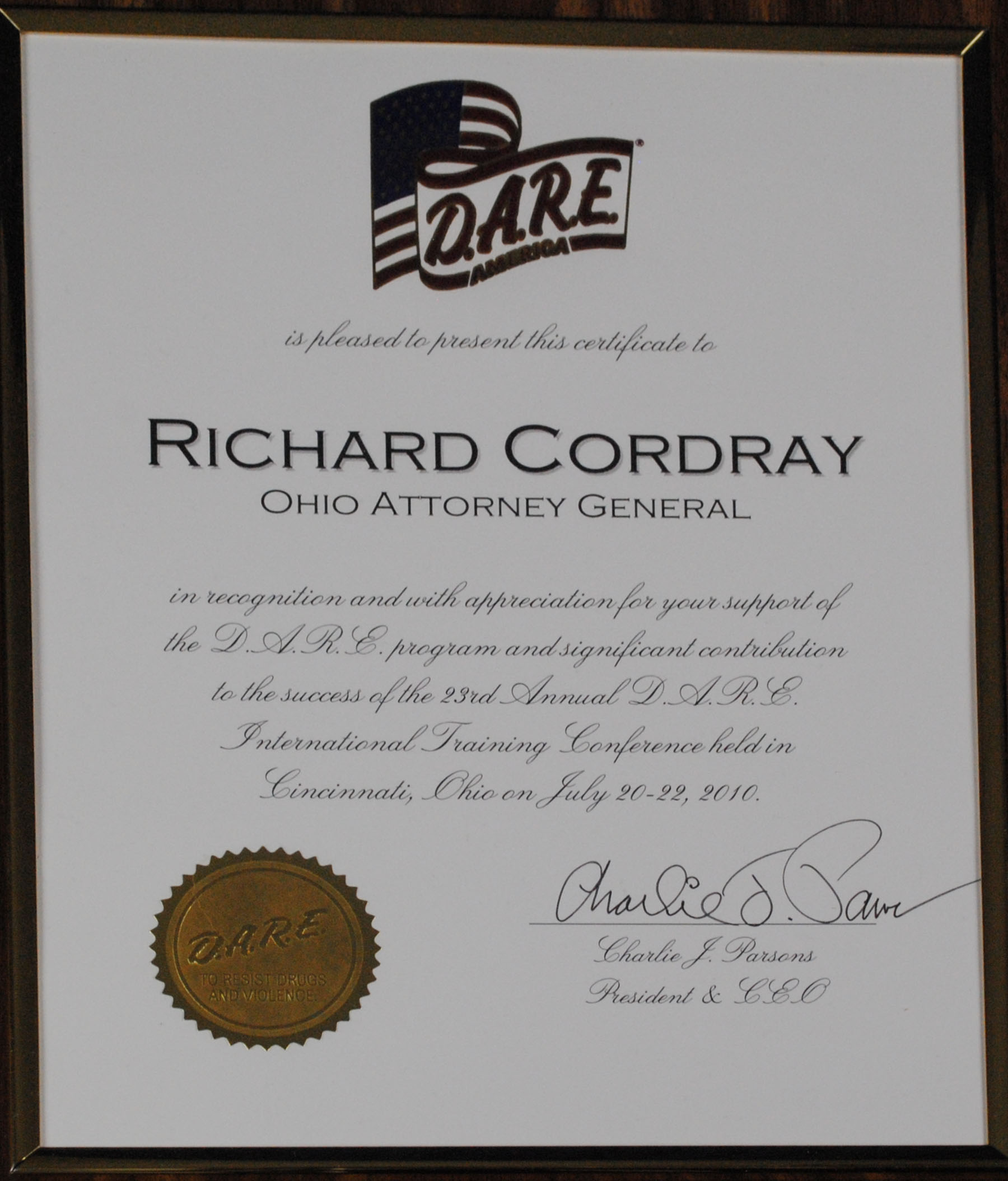 Attorney General Richard Cordray’s D.A.R.E America Certificate of Appreciation  