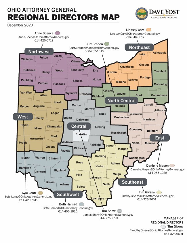 This map lists contact information for the Ohio Attorney General's regional directors. To find out which director represents your county, call 614-326-9601.