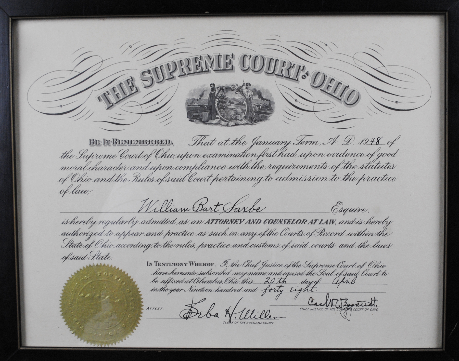 William B. Saxbe’s Certificate of Bar Admission  