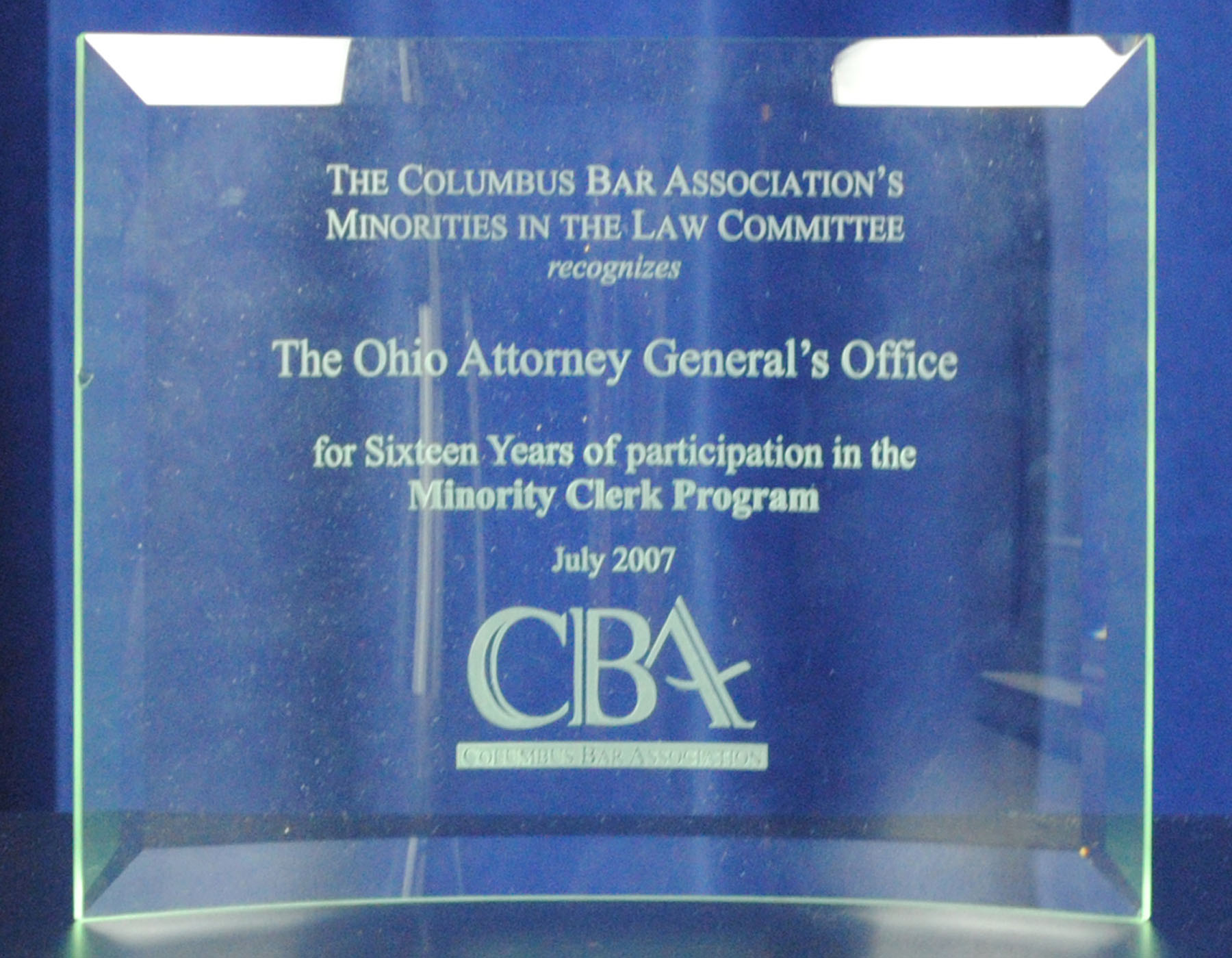 Attorney General Marc Dann’s Columbus Bar Association Plaque  
